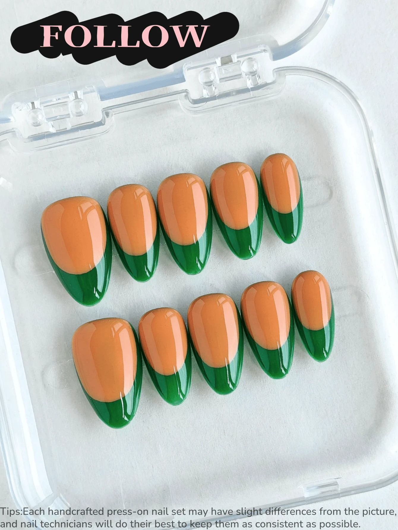 10片手工亚克力短杏仁形美甲贴纸，橙色和绿色，INS风法式美甲，手绘可爱美甲贴片，经济实惠，美甲用品，可重复使用美甲贴纸套装，含工具，适合夏季、春季、日常、派对、办公场合，可作礼物。
