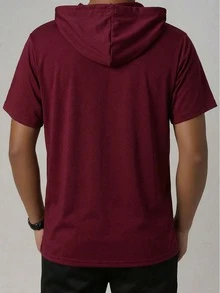 男士夏季短袖椰子树印花连帽T恤，英文文字印花休闲上衣 - 酒紅色 - 查看 2