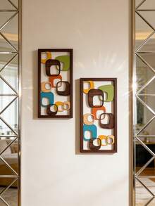 2 piezas de Arte mural de madera moderno medieval - Paneles geométricos abstractos en verde, naranja, azul y marrón, apropiados para la decoración de la sala de estar, elegante acento de pared interior, perfecto para el hogar u oficina, acabado de madera con textura para exhibición de pared interior - Multicolor - Ver 9