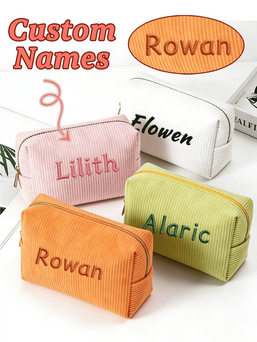 Personalized Embroidery Embroidered Makeup Bag, Corduroy Custom Cosmetic Bag, Sanitary Pad Storage Bag, Travel Makeup Bag, Personalized Storage Bag, Gift For Her, Embroidered Corduroy Storage Bag, Custom Corduroy Makeup Bag,Suitcases Travel Luggage - Multicolor - View 1