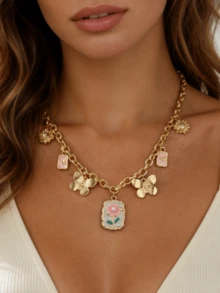 Dây chuyền mặt dây chuyền hình đồng cỏ mộng mơ thủ công, dây vàng bản to với mặt dây chuyền men hồng, món phụ kiện hoàn hảo cho kỳ nghỉ hè. - Nhiều màu - Xem 2