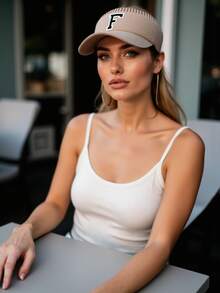 1pc Women's Personalized A-Z Letter Open Top Knit Beanie, Soft Knit Ponytail Hole Beanie, Casual Ponytail Knit Hat, Elastic Ponytail Knit Cap, Fashionable Open Top Knit Hat, Suitable For Daily Commute, Shopping, Outdoor Sports, Street Wear,Beach,Travel - Khaki - View 6