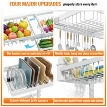 Adjustable Over The Sink Dish Drying Rack, Multifunctional Kitchen Sink Organizer With Multiple Storage Baskets - White - View 2