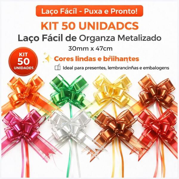 Laco Fácil De Organza 30 MM x 47 CM Com 50 Unidades Cores lindas Metalizados