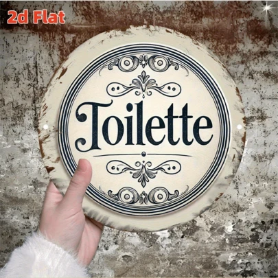 2D平面手持式厕所标志牌，复古圆形铁艺牌匾，复古铁艺风格，车库墙面装饰，家居餐厅咖啡厅墙面装饰，适合房间装饰，圆形牌匾带预钻孔，款式如图所示