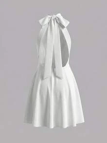 Women's Summer White Minimalist Casual Style Halter Backless Stand Collar Tie-Up A-Line Mini Dress With Side Pockets, Party & Holiday Elegant - White - View 4