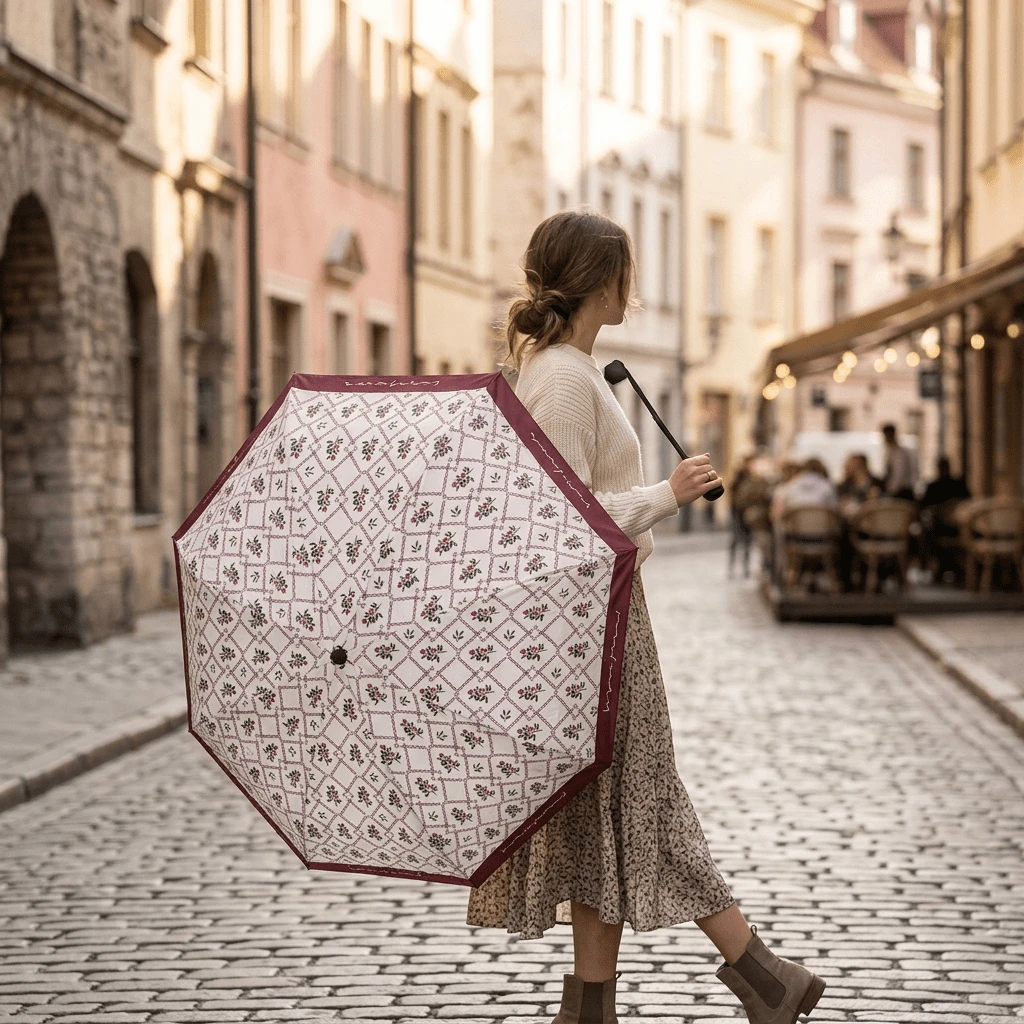 Retro Red Raspberry Plaid Fully Automatic Umbrella, French Wine Red Trimmed Foldable Sunshade Umbrella, Black Coating UV Protection - Red - View 1