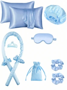 10件套睡眠美发造型工具套装，包含1个卷发棒、1个真丝枕套（呵护秀发和肌肤，皇家套装）、1个免加热真丝卷发器、1个夜间卷发器、1个柔软睡眠眼罩、1个真丝睡帽和必备睡眠套装 - 藍色 - 查看 1