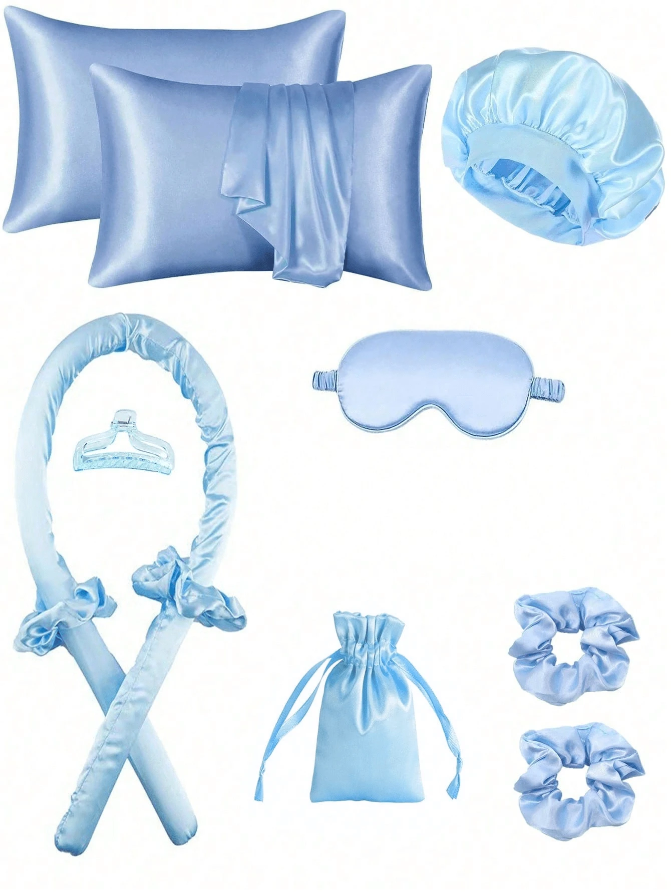 10件套睡眠美发造型工具套装，包含1个卷发棒、1个真丝枕套（呵护秀发和肌肤，皇家套装）、1个免加热真丝卷发器、1个夜间卷发器、1个柔软睡眠眼罩、1个真丝睡帽和必备睡眠套装 - 藍色 - 查看 1