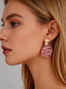 1 par de pendientes con flores naturales preservadas de estilo Ins, pendientes florales románticos franceses, versátiles para el trabajo y las citas - Rosa - Ver 2
