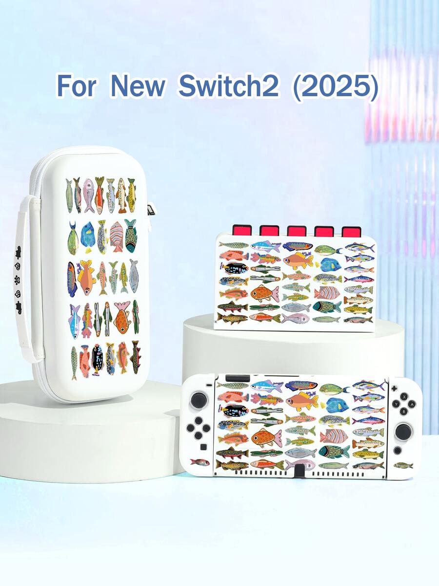 1个极简热带鱼图案Switch保护壳，兼容Switch 2 (2025)，适用于Switch OLED/Switch NS/Switch Lite，带收纳袋和卡槽，Switch主机保护套，Switch玩家的最佳礼物 - 查看 1