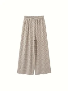 Women's Retro Plaid Wide-Leg Pants, Off-White/Brown Plaid Elastic Waistband, High-Waisted Flowy Trousers, Loose And Slimming Casual Pants, Versatile Commuter/Home Pants - Rượu sâm banh - Xem 5