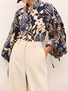 Elegant Women's Long Sleeve Shirt, Featuring Unique Patterned Woven Fabric And Button Details, Relaxed Fit Vacation Spring - Multicolor - View 2