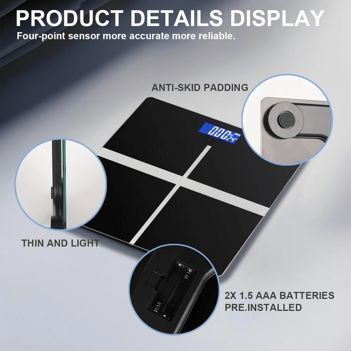 数字浴室秤 - 高精度测量，最大称重180公斤/396.8磅，大尺寸液晶显示屏，电池供电（不含电池） - 彩色 - 查看 1
