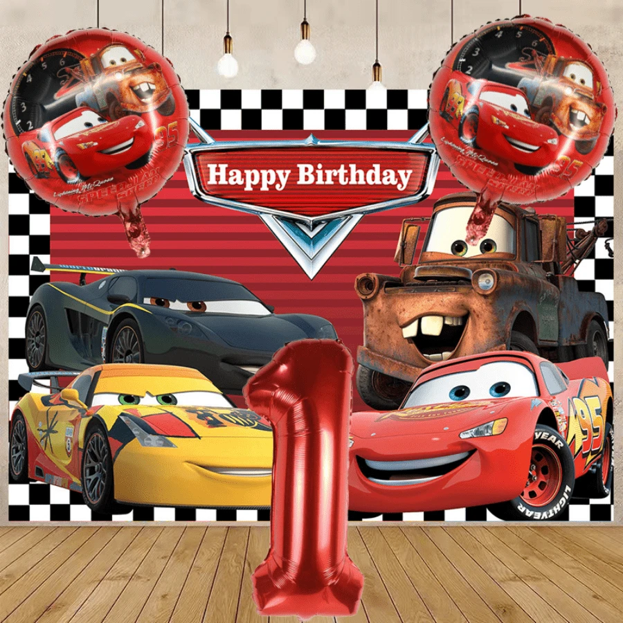 Racing Theme Birthday Party Decoration Set, Racing Checkered Backdrop, Lightning And Matte Foil Balloons And Red Number Birthday Party Decorations - Racing Set - View 1