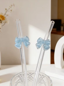 1 pieza/2 piezas/4 piezas Pajitas de vidrio reutilizables con acentos de lazo azul, pajitas de vidrio reutilizables claras y estéticas, ideales para bebidas frías, batidos, agua con gas, leche con té, jugos y talla grande. Perfecto para fiestas en la playa, picnics al aire libre, tiendas de postres, campamentos, suministros para fiestas, reuniones familiares, Navidad, Halloween, Día de San Valentín, regalo perfecto para niñas. - Ver 8