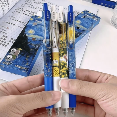 4 piezas Bolígrafos de La Noche Estrellada de Van Gogh: Alta calidad, retráctiles, punta fina de 0.5 mm, escritura suave - Adecuado para diarios y papelería