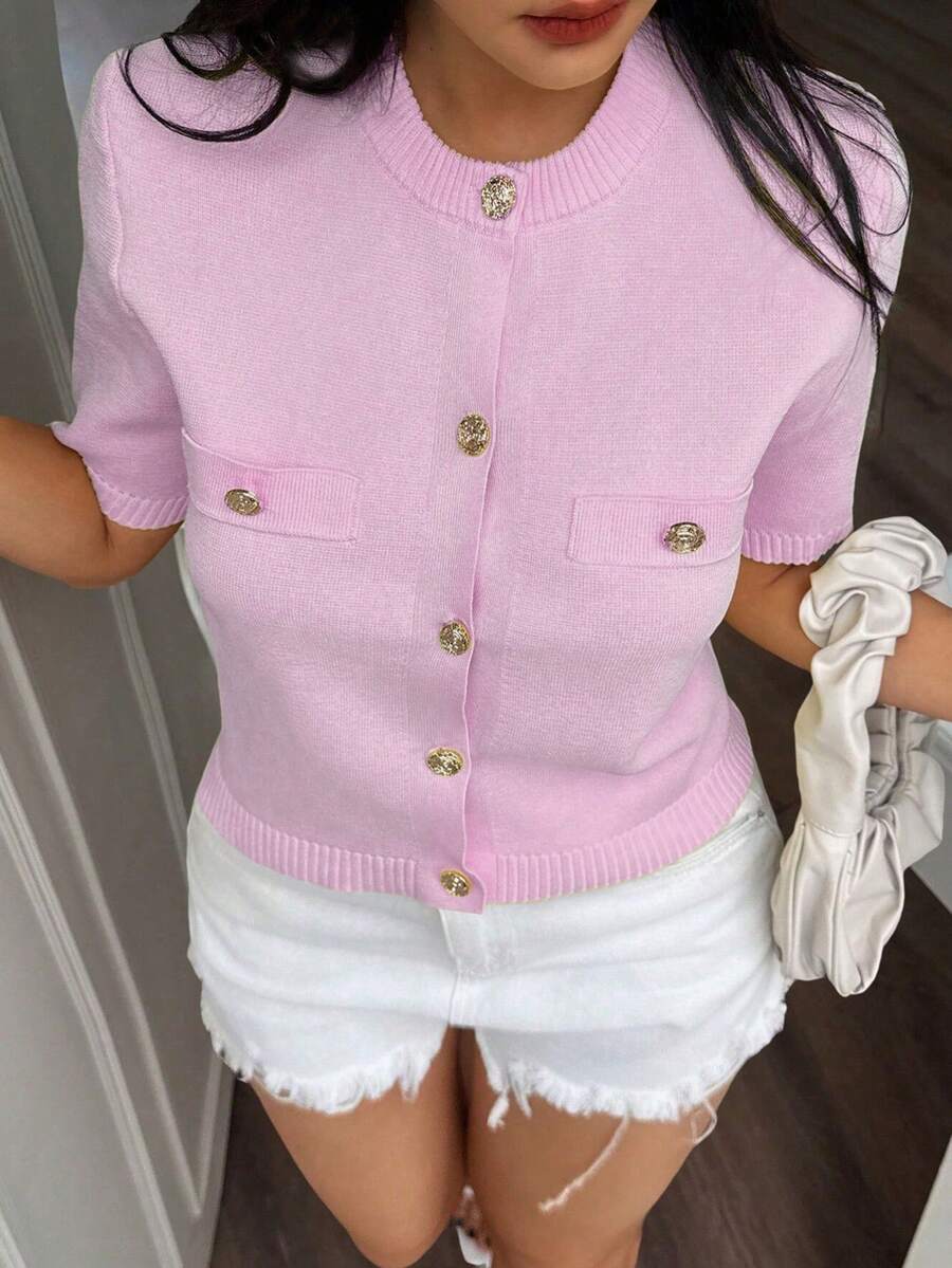 新款夏季女装系列，简约百搭短袖针织上衣，紫色，春季 - 淡紫色 - 查看 1