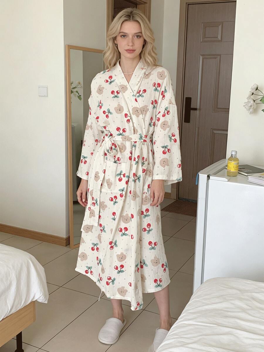 Lightweight Spring/Summer Robe/Sleepwear, Cherry And Bear Pattern Lightweight Robe/Kimono, Minimalist European Style, Long Sleeve, V-Neck, With Pockets, Comfortable Women's Loungewear Robe, Suitable For Spring, Summer, Autumn, Home, Bathroom, Best Gift For Daughter/Family Birthday