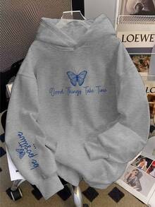 Women's Kangaroo Hoodie Be Positive With Pocket And Hood, Flannel Lined, Casual Winter Jacket - 灰色 - 查看 7