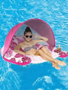 Inflatable Floating Lounger With Canopy, Leaf Print Floating Chair With Cup Holder, Foldable Thick PVC Pool Float, Durable And Waterproof, Ergonomic Design For Comfortable Lounging, Suitable For Pool, Beach And Vacation - Floating Rafts - View 12