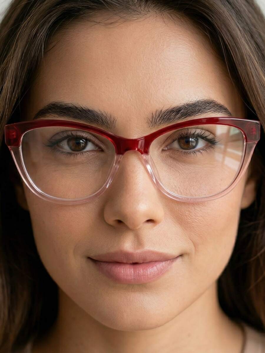 Geometric Cat-Eye Eyeglass Frame With Faceted Temples, Rounded Cat-Eye Shape, Made Of Lightweight And Durable Resin, Thick Sides, Perfect For Prescription Lenses, 2026 , Elegant And Luxurious Gift For Women - Đỏ - Xem 1