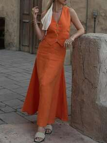 Damen Baumwolle Leinen V-Ausschnitt Lässig Urlaub Weste Top und Rock Set, Frühling/Sommer Outfit - Weste Top & ausgestellter Rock Lässig Set, Neues Frühling/Sommer Sexy V-Ausschnitt Elegantes Weste Top und Slim Fit Maxi Rock Set - Orange - Übersicht 10