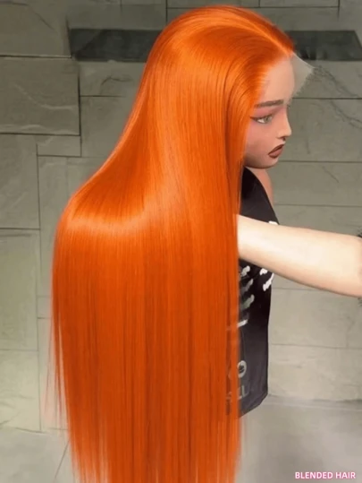 34inch Ginger Orange Straight Lace Front Wigs Human Blended Hair With Baby Hair 13x4 HD Lace Frontal Wig Blended Human Hair Pre Plucked Brazilian Virgin Silky Straight Human Hair Blended Wig Natural Hairline 200 Density Ginger Color Glueless Wigs For Women