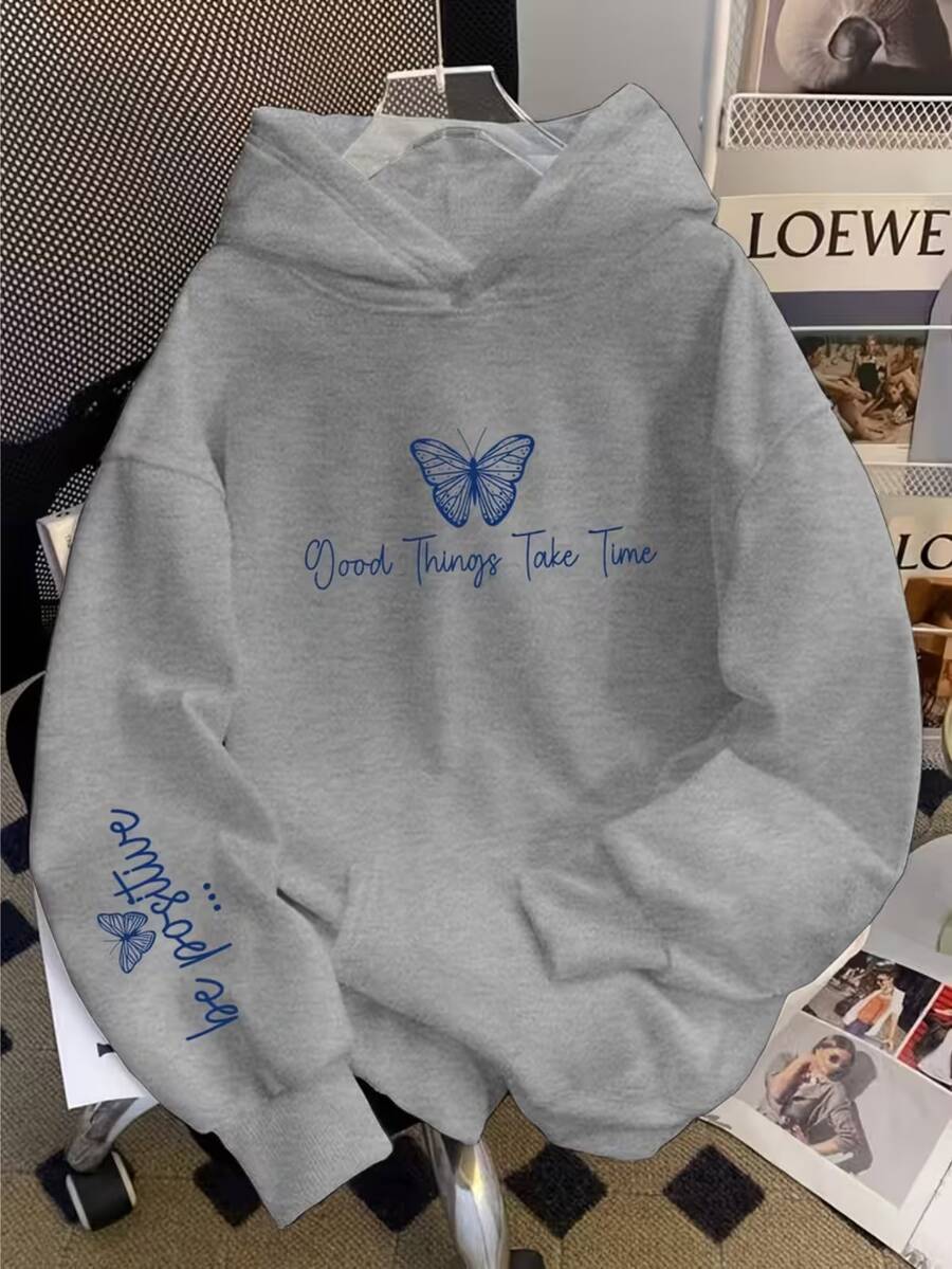 Women's Kangaroo Hoodie Be Positive With Pocket And Hood, Flannel Lined, Casual Winter Jacket - 灰色 - 查看 1