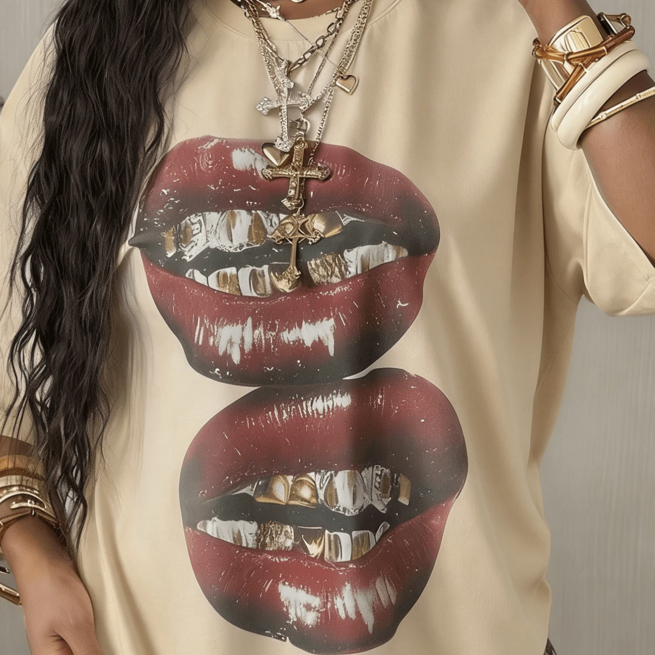 2026 Summer ShirtCoolane Women's Summer Concert Streetwear Vintage Casual Y2K Hippie Old Money Comfortable Lips Graphics Oversized White TeesLoose An - 杏色 - 查看 1