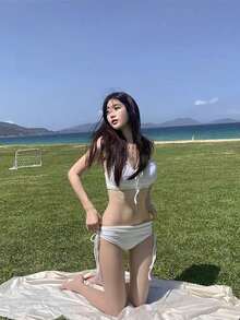 "MODE LADY" Cute 100-Pack Simple Black Ribbon Tie Bikini, Sexy One-Piece Swimsuit, Amphibious Swimsuit Set, String Bikini With Front Tie Design, Black, Perfect For Beach, Pool, And Hot Springs, Cute And Adult Black Bikini, Side Lace-Up, Excellent Fit, Flocked - White - View 5