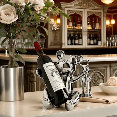 1 pieza Soporte de vino con forma de oso para escritorio, material cerámico doméstico plateado/dorado, soporte de vino creativo de alta gama (con abridor de botellas), gabinete de vino resistente para decoración de mesa, adecuado para la entrada del hogar, mesa de comedor, gabinete de TV, decoración de sala de estar, bar y almacenamiento y organización de cocina, un regalo digno para accesorios de almacenamiento de vino.