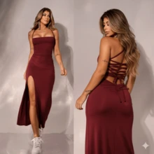 Wine-Colored, Long, High-Grammage Suplex Dress With Built-In Bra Cups And Side Slit, For Elegant Evening Parties. - 紅木色 - 查看 5