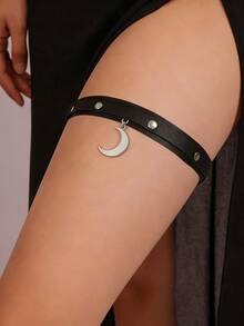 1 chiếc dây đeo đùi bằng da giả với mặt dây chuyền hình trăng lưỡi liềm phong cách Gothic Y2K. - màu đen - Xem 4
