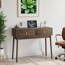 Desk, Mid-Century Modern Console Table With Drawers, Retro Reception Table With Open Shelves, Modern Coffee Table For Living Room, Foyer And Hallway - Walnut - View 4