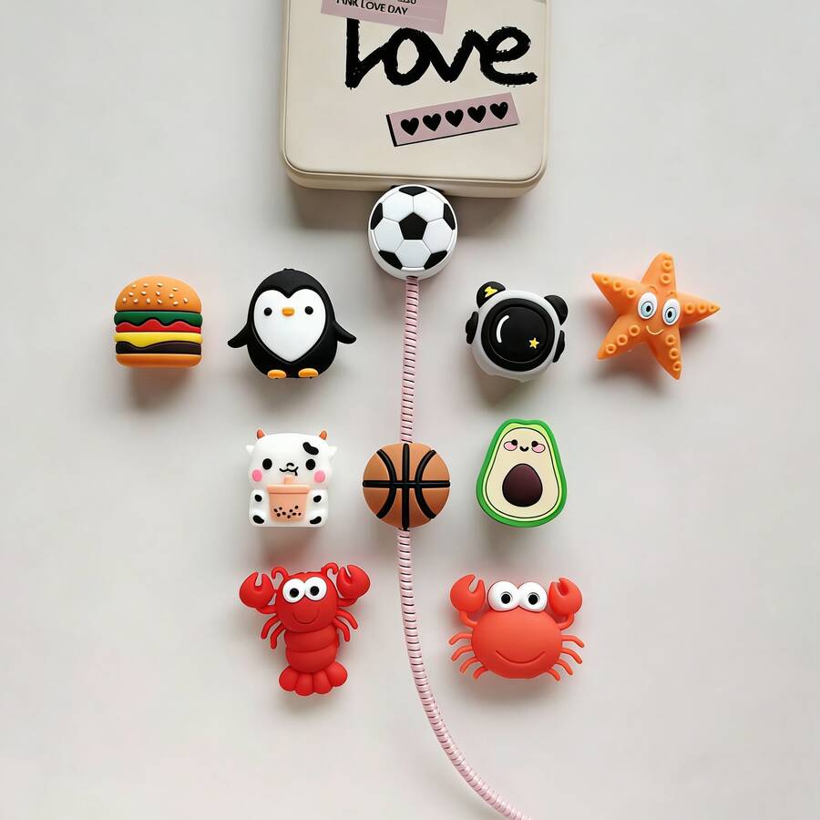 10pcs Cute Cartoon Astronaut/Penguin/Marine Animal Phone Charging Cable Protector Clips, Compatible With Apple, Android, Type-C, Anti-Breaking Data Cable Protector - Multicolor - View 1