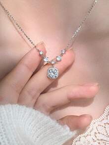 1件银色立方氧化锆镶嵌星空颈链，时尚新娘项链，适合婚礼、宴会、派对、周年纪念、日常佩戴 - 彩色 - 查看 2