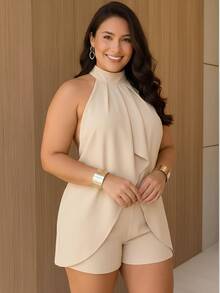Women's Plus Size Short Jumpsuit, Halter Neck, Open Back, Elegant - Black - View 3