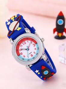 Cute Cartoon 3D Dinosaur & Rocket Design Quartz Watch, Fashionable Gift For Boys And Girls - Blue - View 6