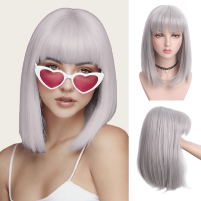 Peluca Bobo de 12 pulgadas de color púrpura con flequillo, adecuada para moda diaria y estilo anime, cabello liso resistente al calor, incluye una gorra ajustable para la peluca