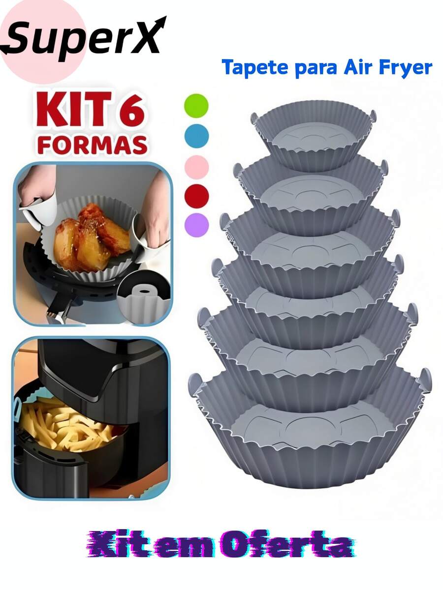 Kit 6 Formas de Silicone para Air Fryer com Alça, Tamanhos Variados, Antiaderente e Lavável