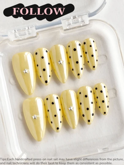 10 Pcs Handcrafted Acrylic Press On Nails,Press On Nails Medium,Almond Nails,Yellow Nails,INS Style,Nail Glitter,Solid Color,Polka Dot Nails,Moon Star Elements,Cute Nails,Cheap,Nail Supplies,Reusable Nail Set With Nail Tools,Summer,Spring,Pearlescent,Ideal For Daily Commute, Party & Office Gifts