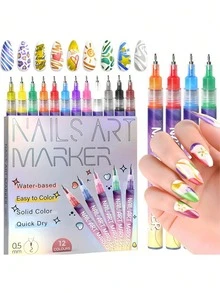 12pcs Nail Art Painting Pens, 0.5mm Acrylic Paint Markers, Waterproof Nail Polish Pens, Quick Dry Dotting Tools, Detailed 3D Nail Art Markers, Suitable For Home And Salon DIY, Durable And Rich In Details - Multicolor - View 2