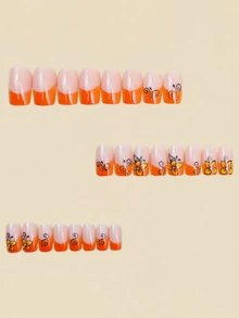 24片橙色花卉法式风格按压式美甲贴片，带图案，美甲用品，Y2K美学方形美甲贴片 - 橘色 - 查看 4