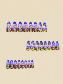 24片梦幻星空蝴蝶美甲贴纸，彩色花卉假指甲贴，印花美甲贴纸，假指甲，美甲用品，Y2K风格杏仁形指甲 - 紫色 - 查看 4