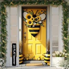 2D Flat Bee Theme Doorway Banner Curtain Flag, With Bee Details And Sunflower Design, Suitable For Spring, Camera Backdrop And Indoor/Outdoor Event Party Decoration - A - View 4