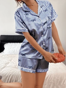 Dreamivo Bộ đồ ngủ ngắn tay và quần short kẻ sọc với nơ thắt cổ dành cho nữ - Màu tím - Xem 5