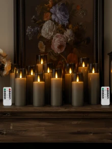 2/3/5/9pcs LED Pillar Candles With Remote Control, Movable Wick, Suitable For Home Decor, Table Centerpiece, Wedding, Holiday, Party Decoration - 灰色 - 查看 5