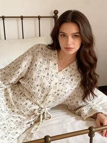 Lightweight Spring/Summer Robe/Sleepwear, Rabbit Print Sheer Robe/Kimono, Minimalist European Style, Long Sleeve, V-Neck, With Pockets, Comfortable Women's Loungewear Robe, Suitable For Spring, Summer, Autumn, Home, Bathroom, Best Birthday Gift For Daughter/Family - As Show - View 3