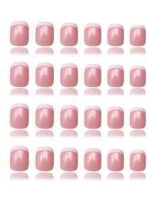 120片粉色短方型法式平滑亮面假指甲，短方型穿戴式壓感指甲，壓克力指甲，適合年輕女孩 - 彩色 - 查看 6